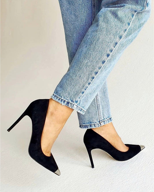 Sinach Black Flock Metal Cap Heels