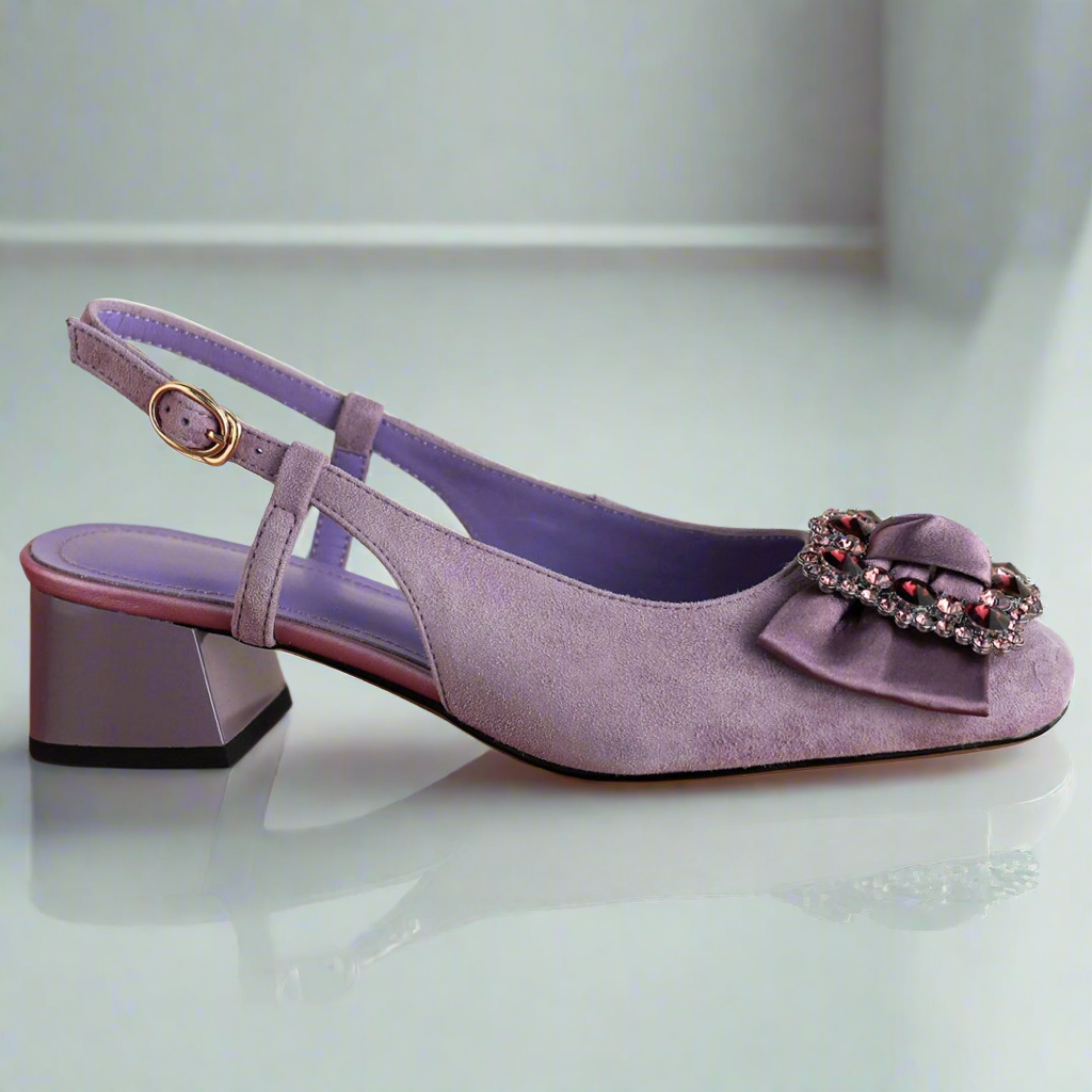 Erica Purple Bow Natural Flock Slingback Sandals