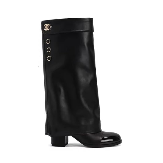 Monique Black Knee High Chunky Heel Leather Boots