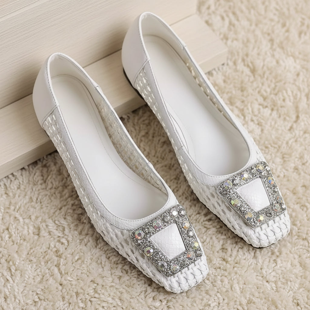 Mikela white Rhinestone Buckle Ballet Flats