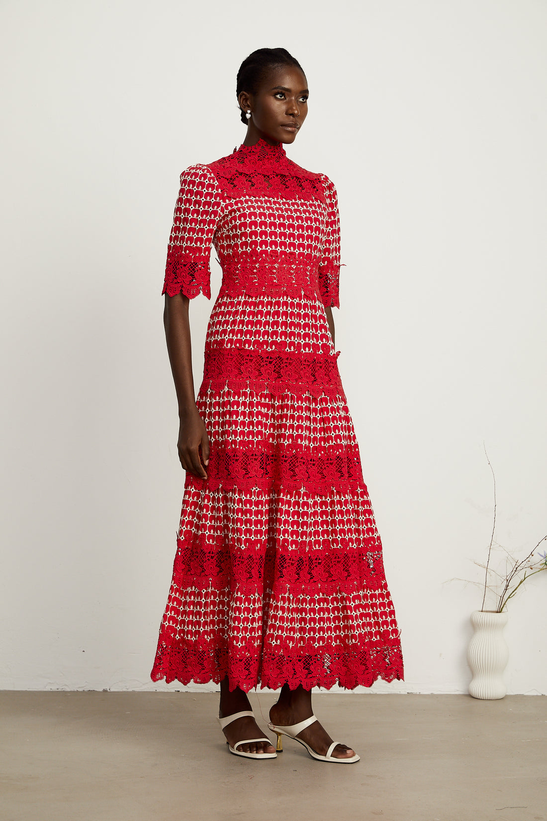 Karlie Red Embroidered Lace-Panel Midi Dress