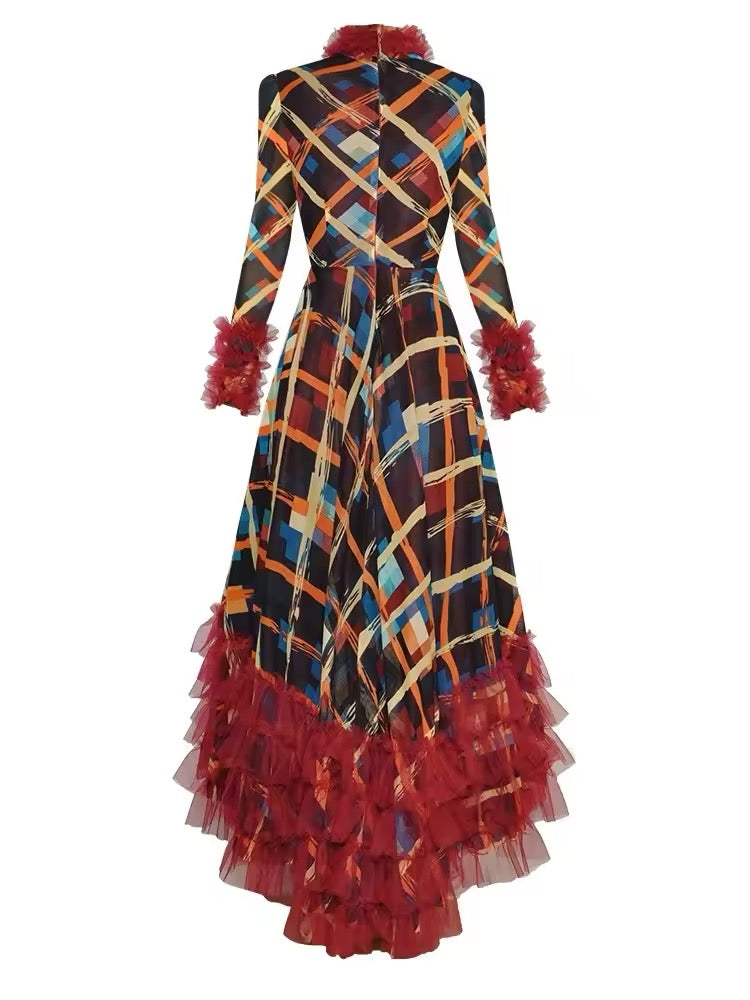 Raphaella High Collar Plaid Print Mesh Ruffle Maxi Dress