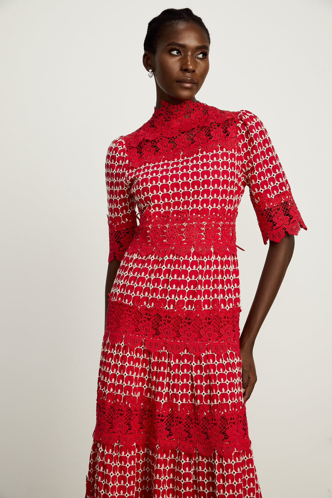 Karlie Red Embroidered Lace-Panel Midi Dress