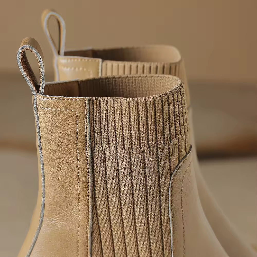 Athaliah Beige Leather Knit Patch Boot