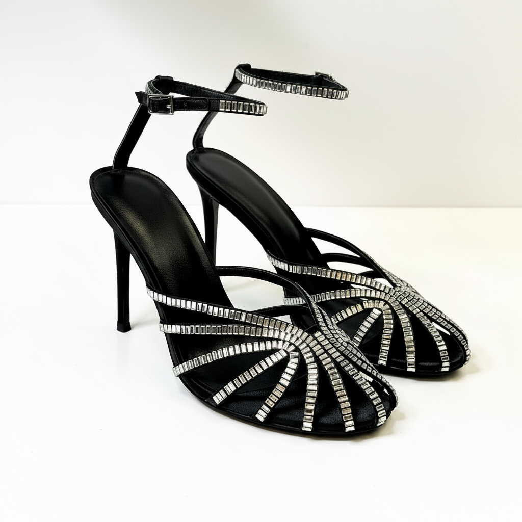 Stephanie Black Crystal Embellished Back Strap Sandals