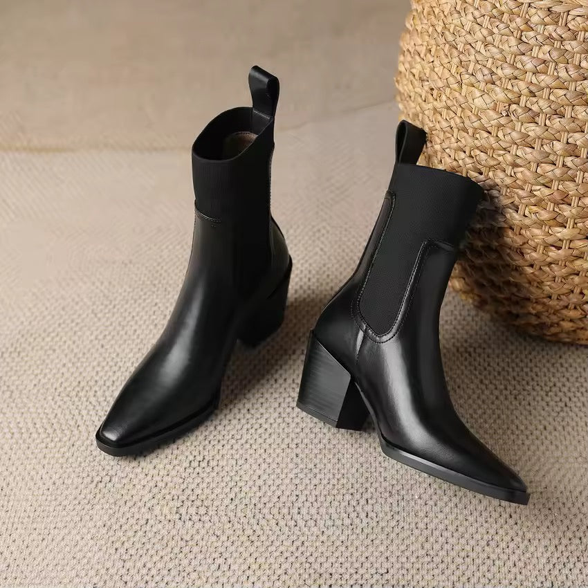 Bonnie Black Leather Elastic Knit Patch Boots