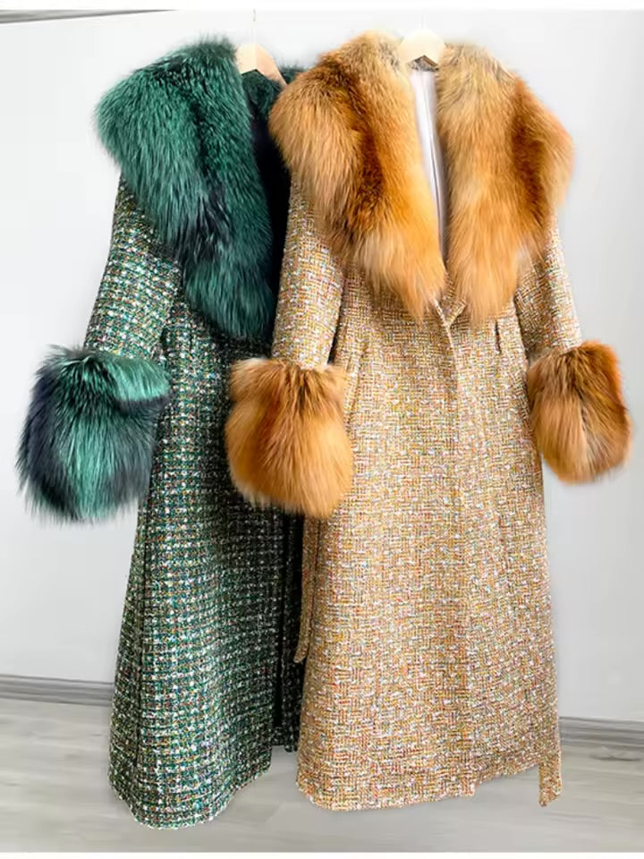 Joanna Gold Multi-color Plaid Wool & Fur Coat
