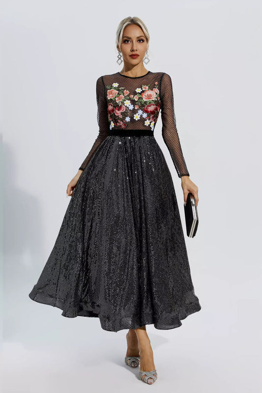 Anatoria Black Floral Embroidery Maxi Dress