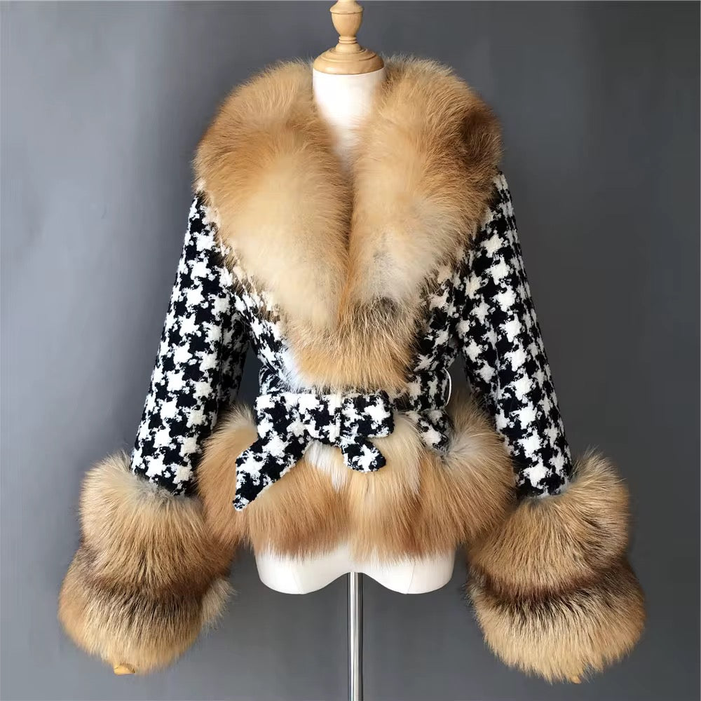 Joanna Black-White Short Plaid Woolen Fur Coat