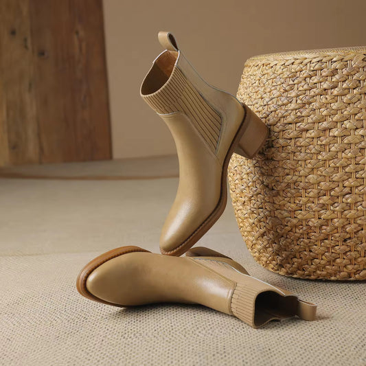 Athaliah Beige Leather Knit Patch Boot