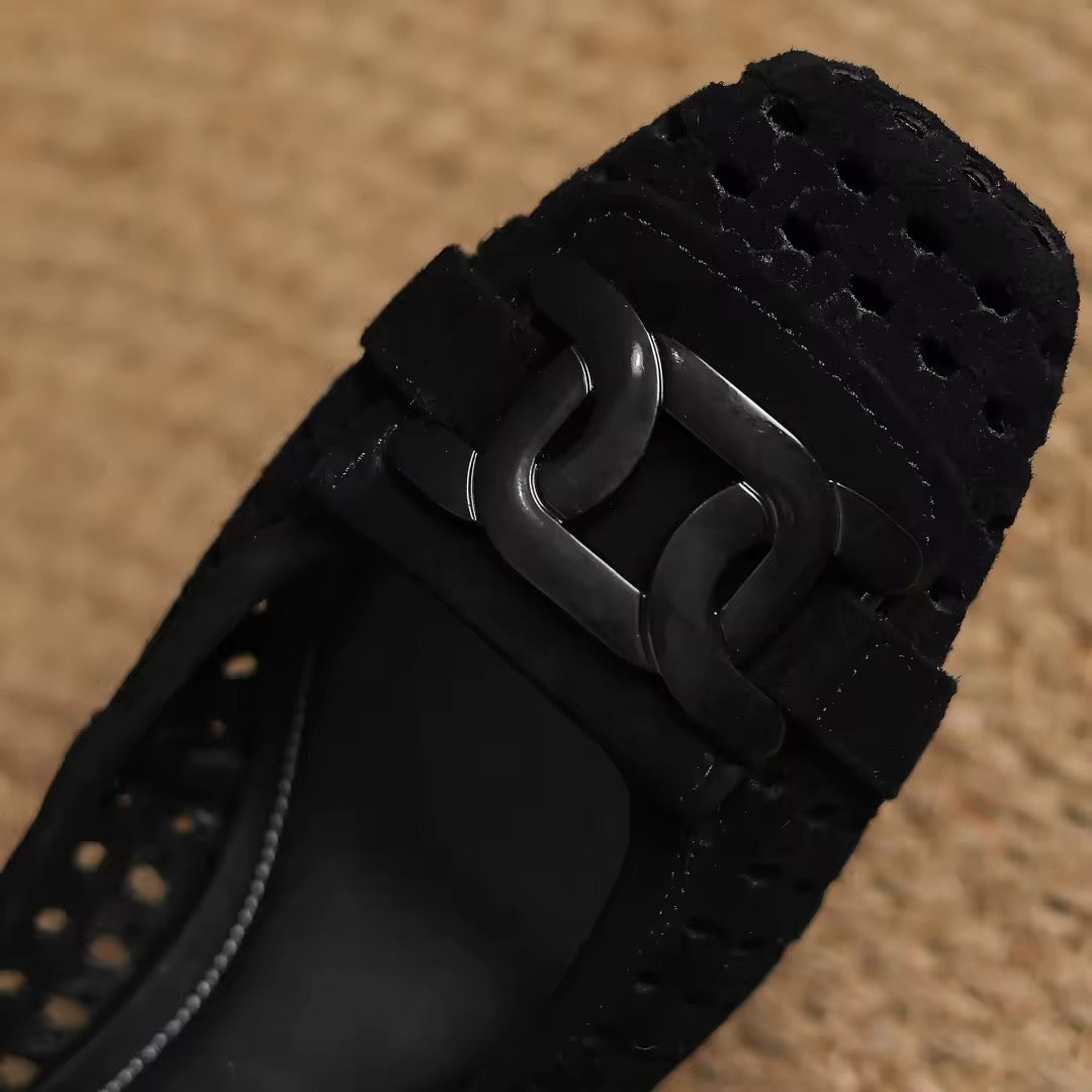Crochet Black Leather Buckle Pump