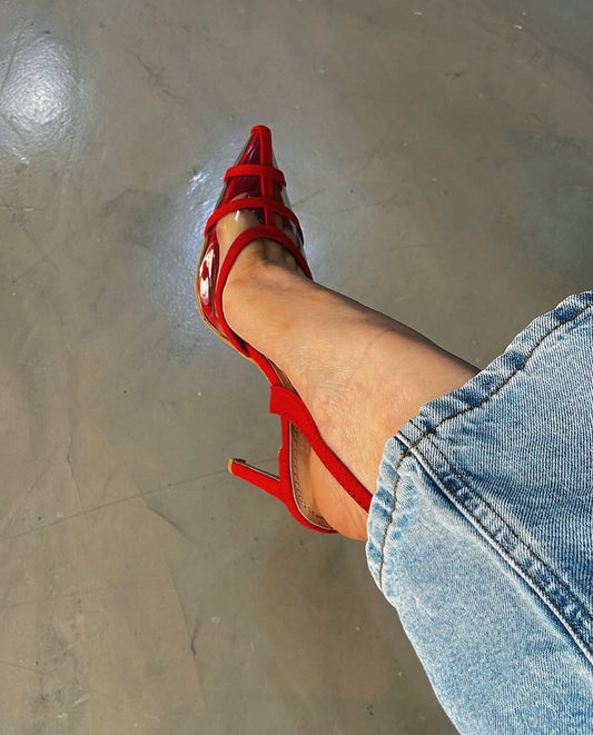 Khalidah Red Slingback PVC Flock Leather Sandals