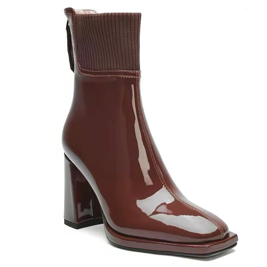 Ziva Brown Patent Leather Ankle Boots