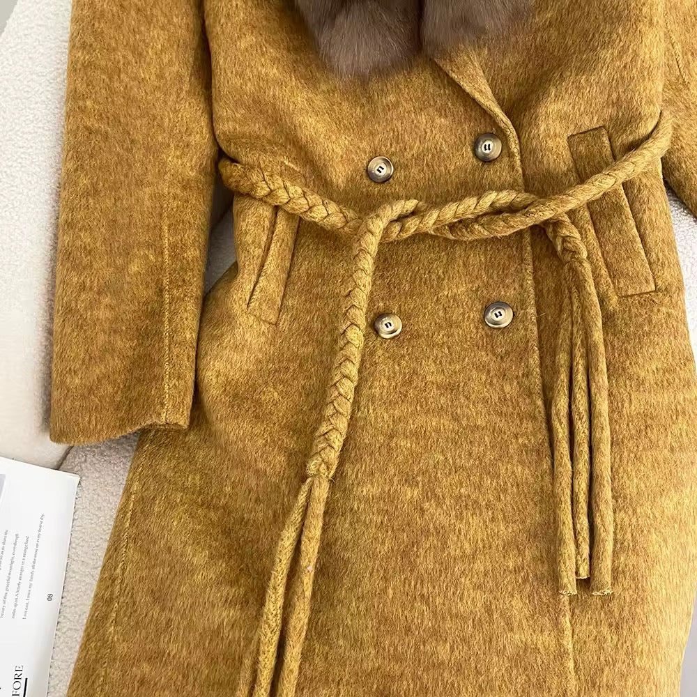 Michal Yellow Lapel Wool Fur Coat