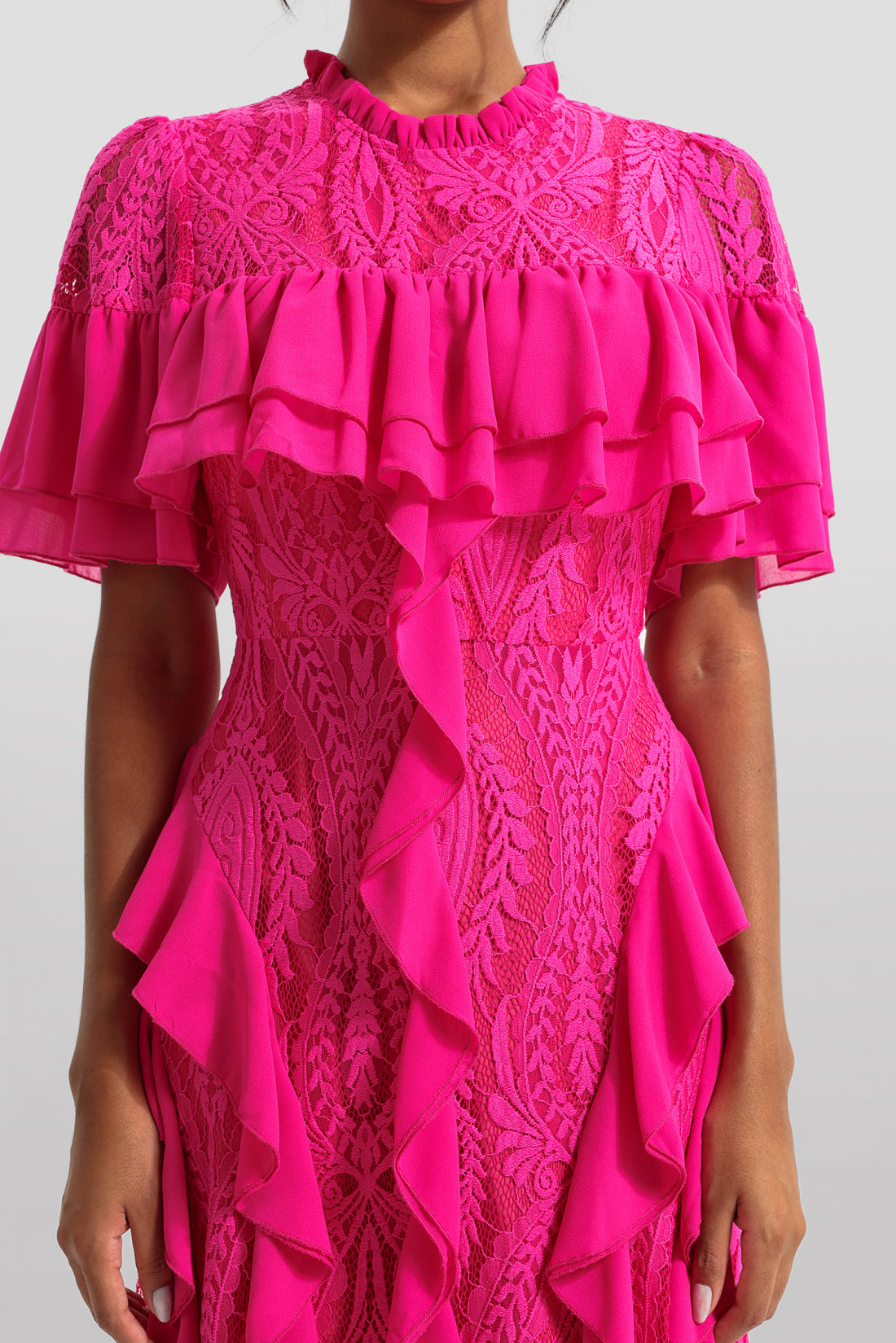 Oriana Pink Solid Lace Frill Midi Dress