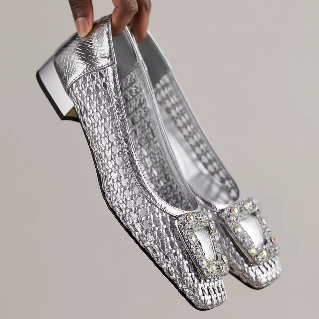 Mikela Metallic Silver Rhinestone Buckle Ballet Flats