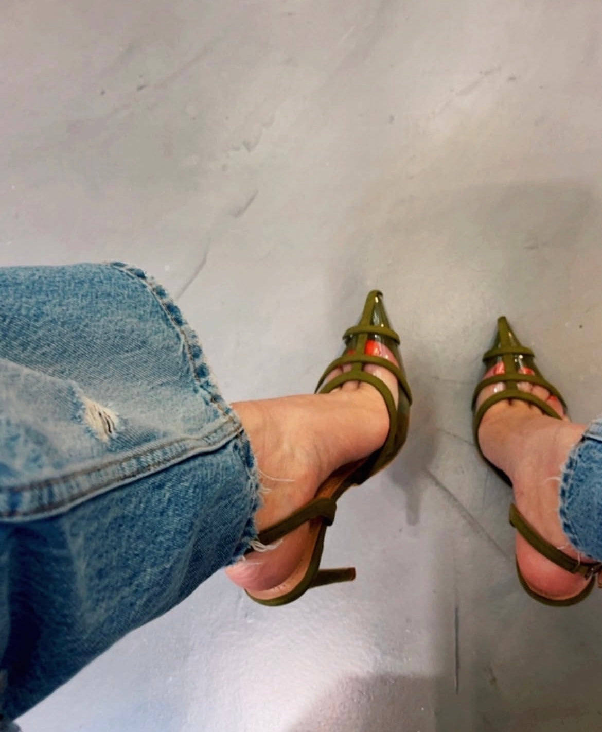 Khalidah Olive Green Slingback PVC Flock Leather Sandals