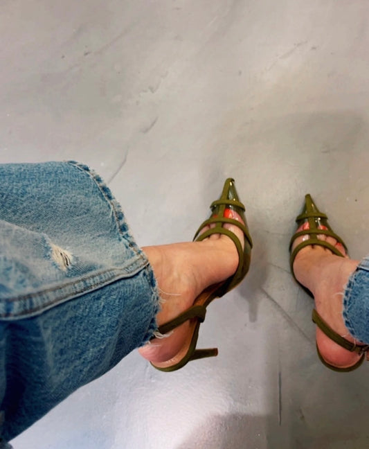 Khalidah Olive Green Slingback PVC Flock Leather Sandals