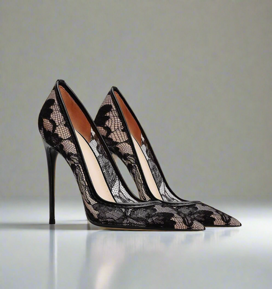 Queen Sheila Alisson Black Pointed Toe Lace Heels