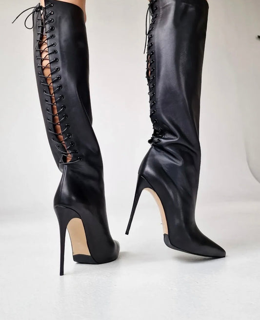 Haley Black Lace-up Knee High Boots
