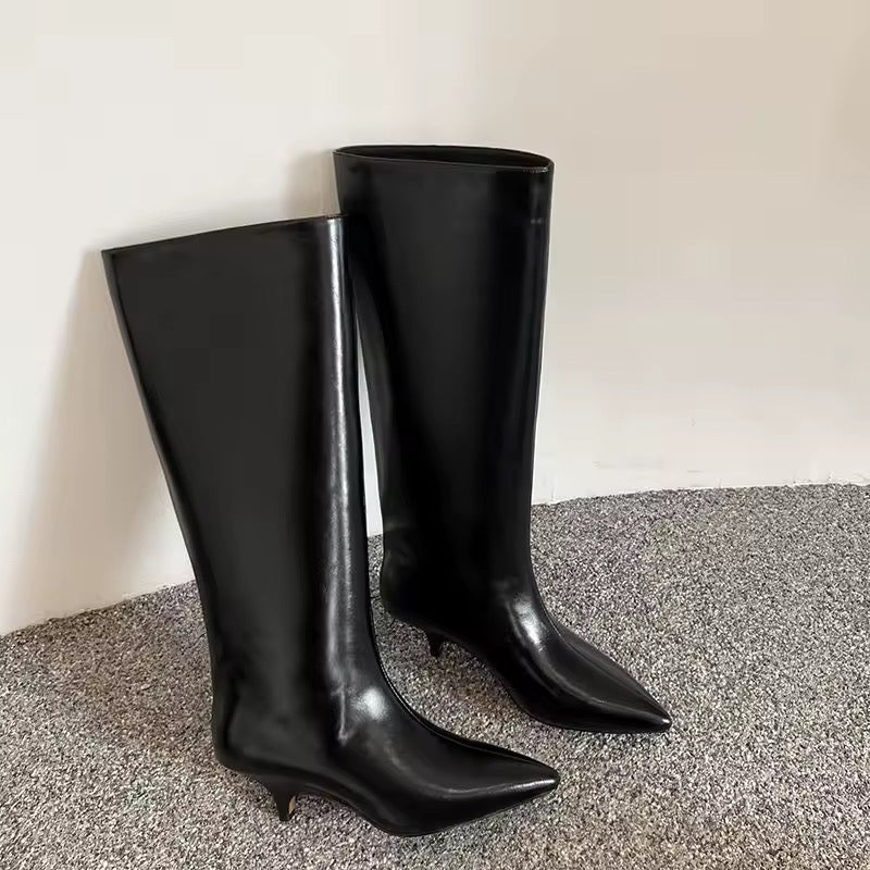 Zipporah Black Knee High Kitten Heel Leather Boots