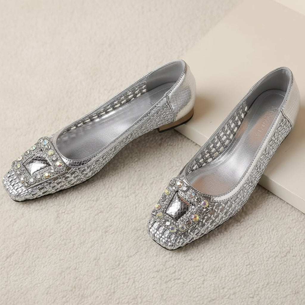 Mikela Metallic Silver Rhinestone Buckle Ballet Flats