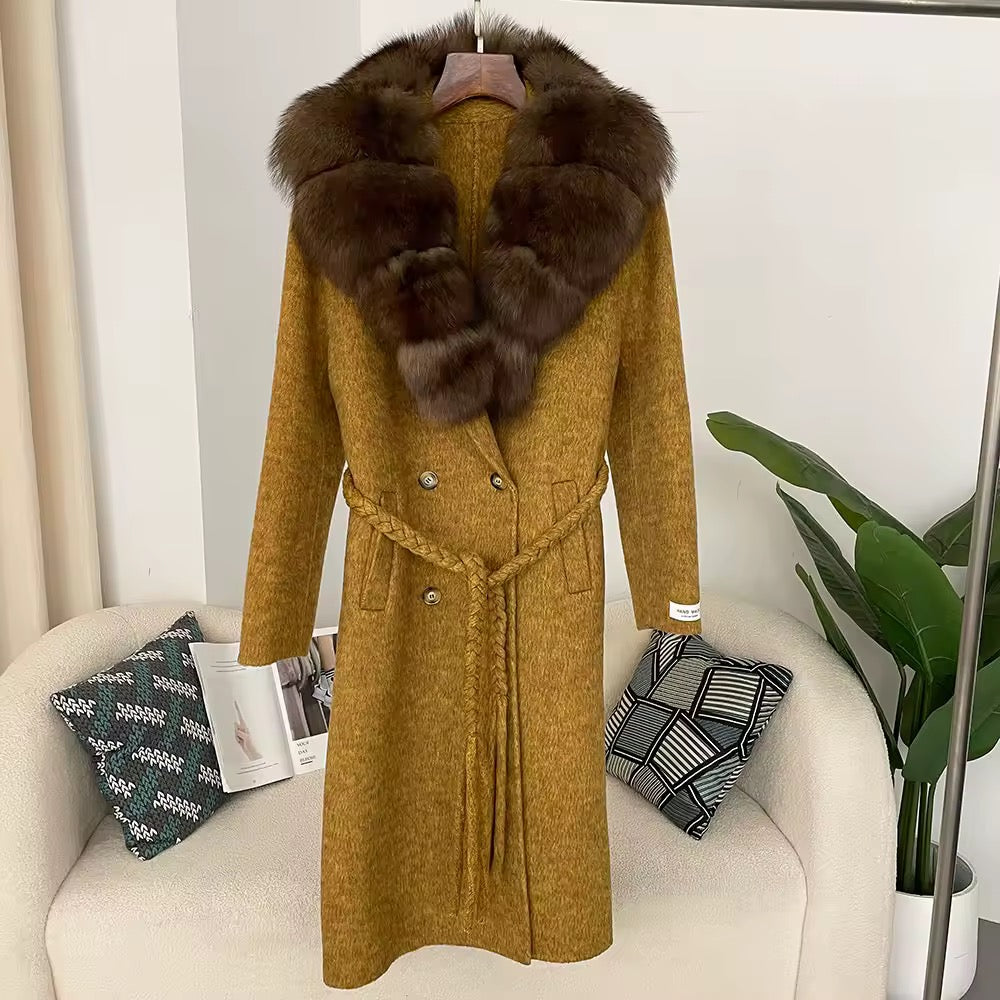 Michal Yellow Lapel Wool Fur Coat