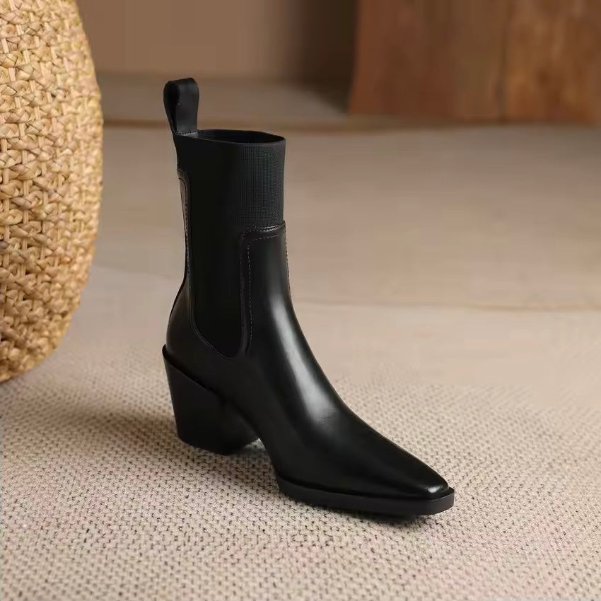 Bonnie Black Leather Elastic Knit Patch Boots