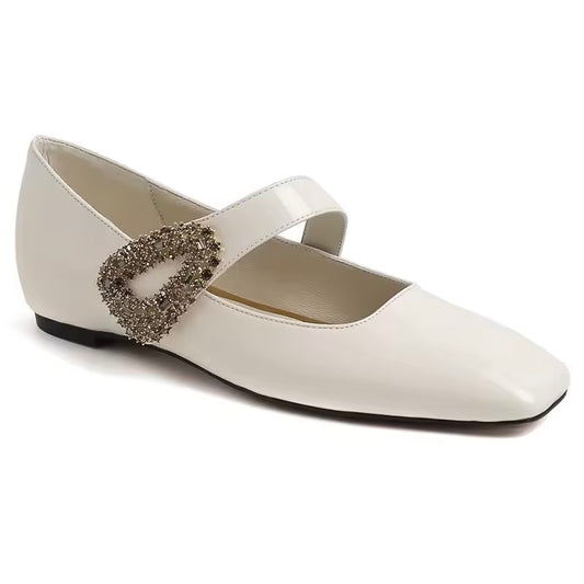 Esme White Side Embellished Leather Ballet Flats
