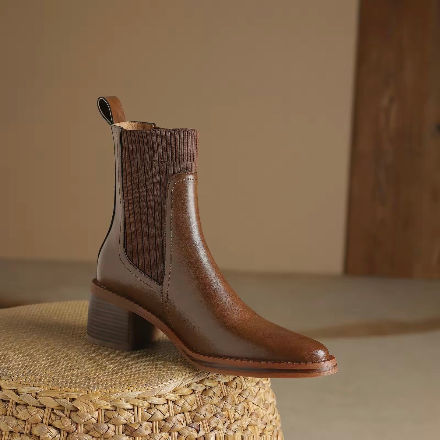 Athaliah Brown Leather Knit Patch Boot