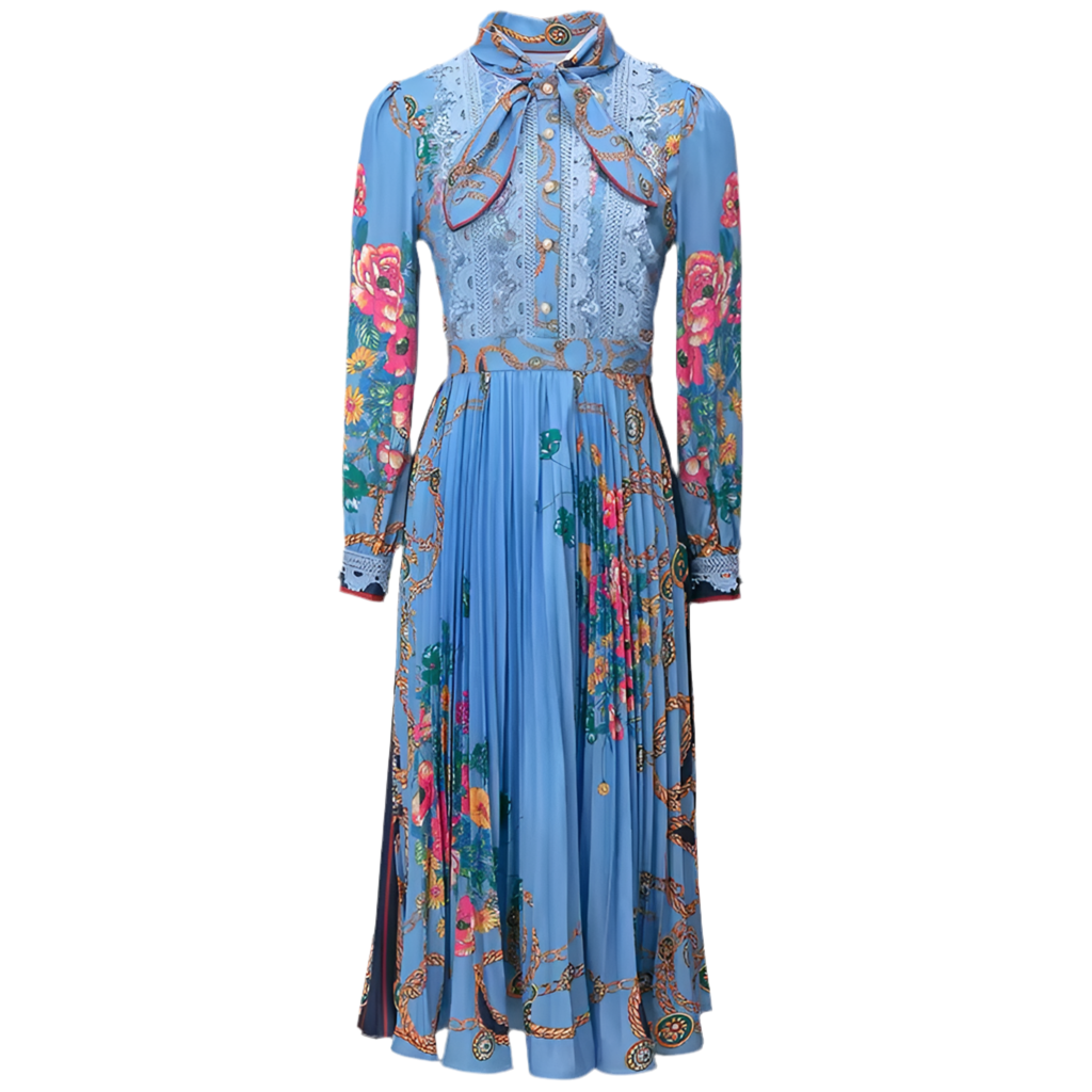 Nadia Blue Bow-tie Pleated Midi Dress