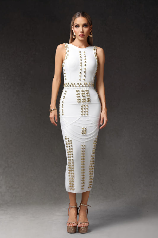 Jeni White Rivet Bandage Midi Dress