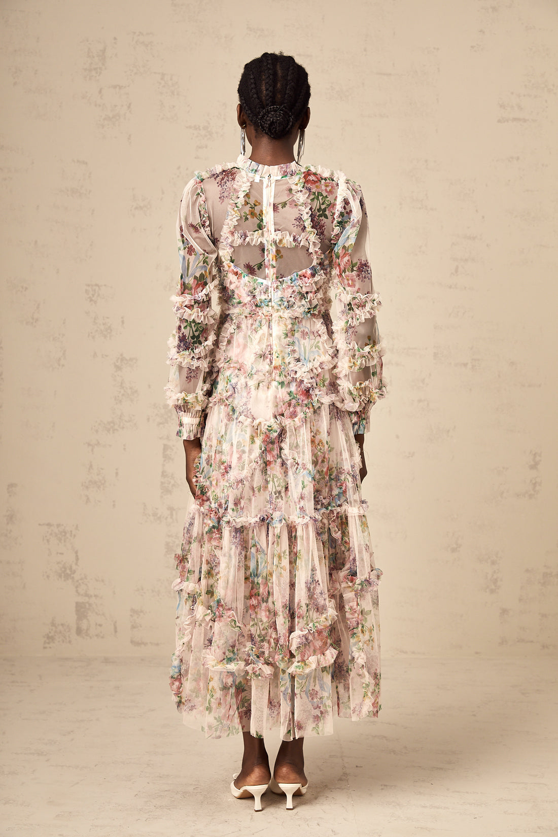 Alesha Floral Ruffled Tulle Midi Dress
