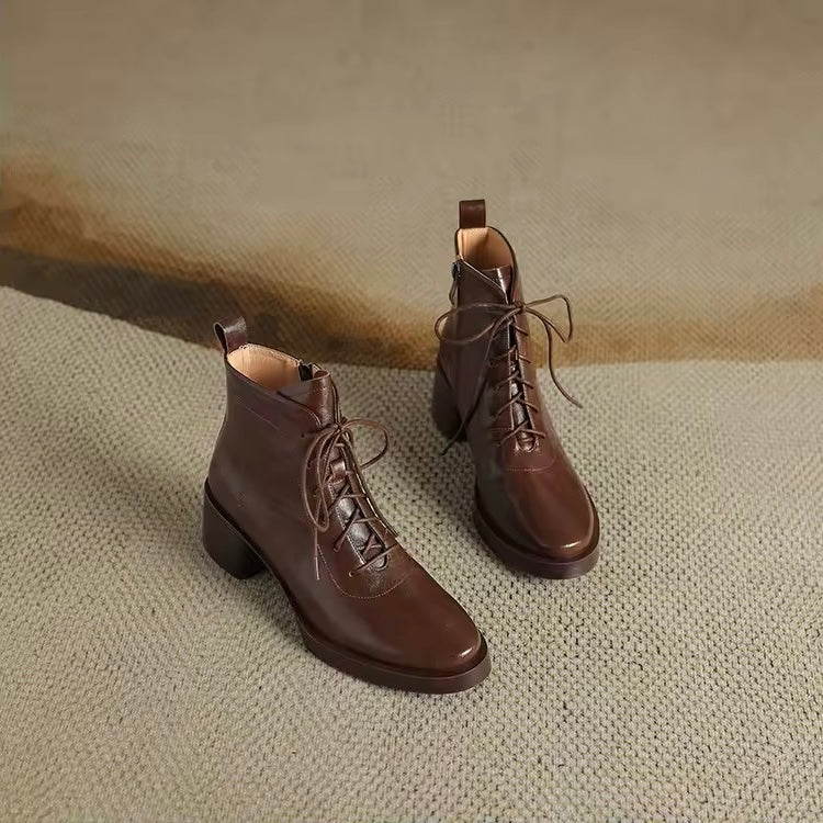 Esther Brown Round-Toe Block Heel Boots