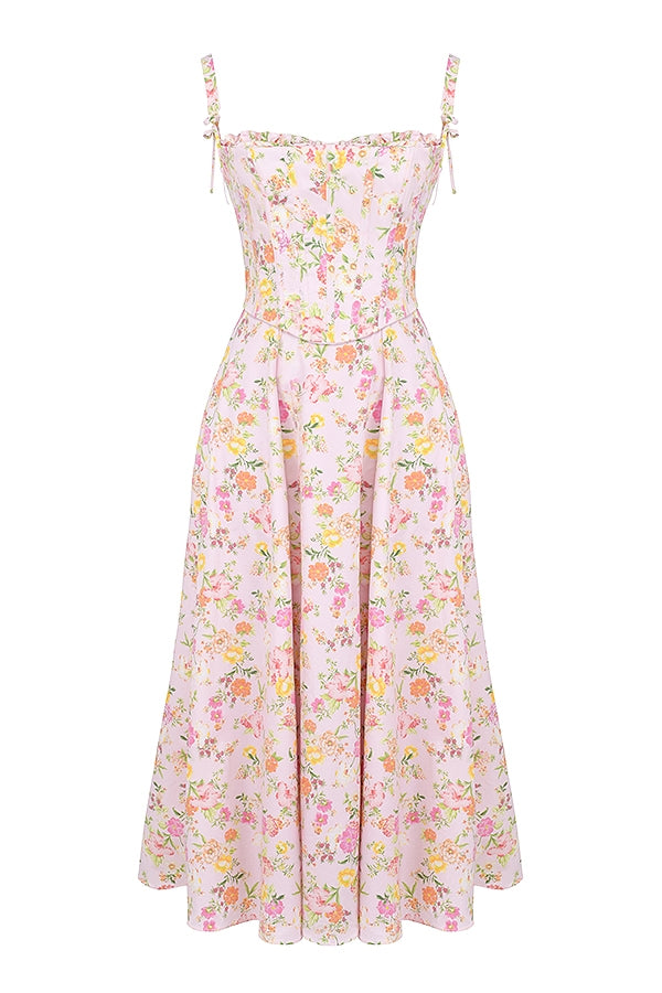 Zaya Pink Floral Print Cotton Midi Dress