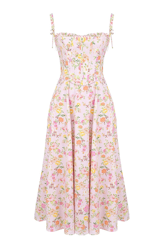 Zaya Pink Floral Print Cotton Midi Dress