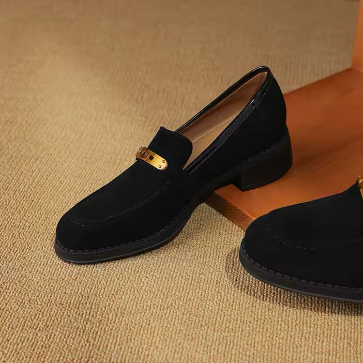 Kara Black Leather Kid Suede Loafers