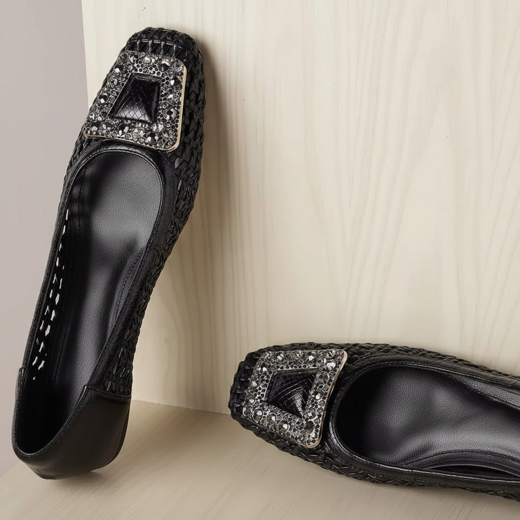 Mikela Black Rhinestone Buckle Ballet Flats