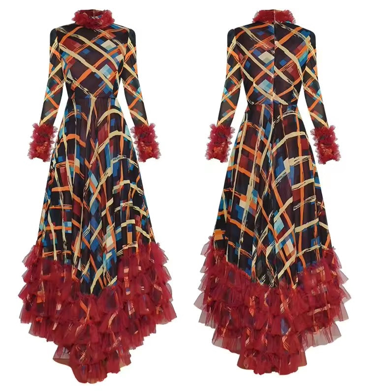 Raphaella High Collar Plaid Print Mesh Ruffle Maxi Dress