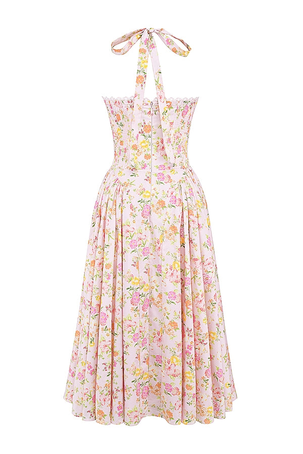 Christina Pink Meadow Print Halter Midi Dress