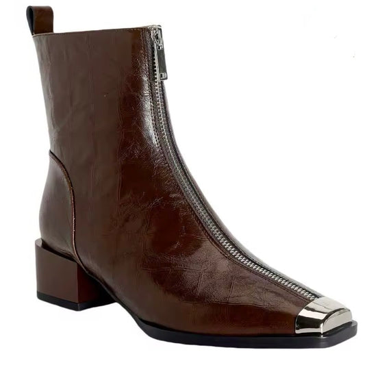 Kae Brown Almond Square Front Zip Ankle Boots