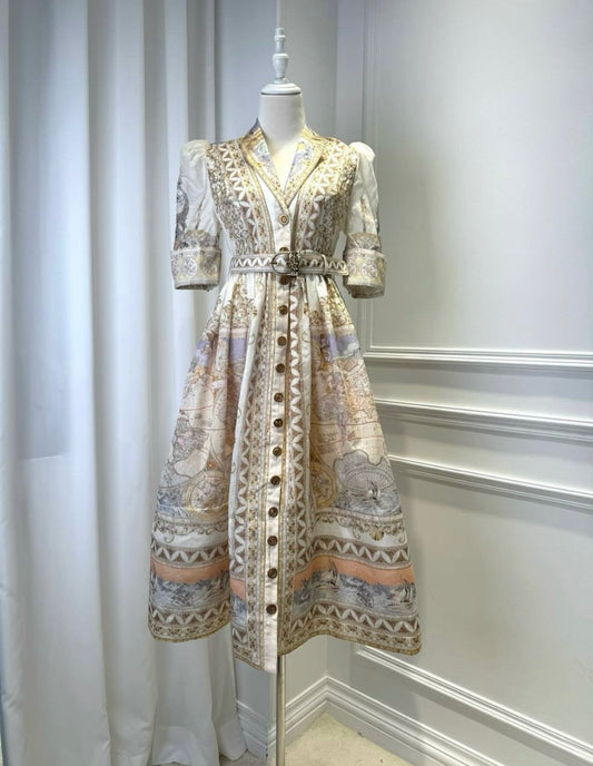 Queen Sheila Printed Linen-blend Midi Dress