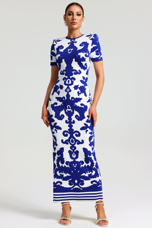 Amara Blue Jacquard Bandage Maxi Dress