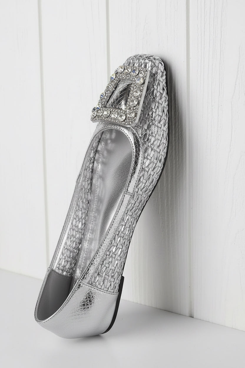 Mikela Metallic Silver Rhinestone Buckle Ballet Flats