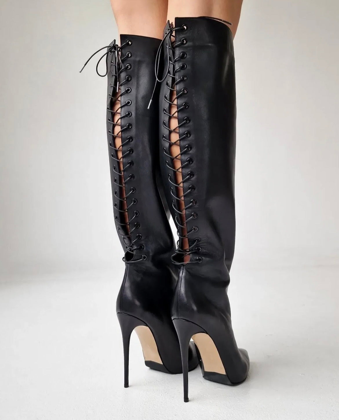 Haley Black Lace-up Knee High Boots