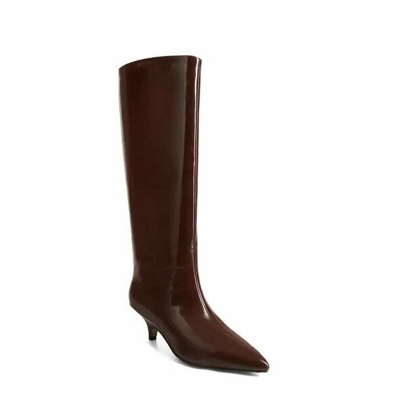 Zipporah Red-Wine Knee High Kitten Heel Leather Boots