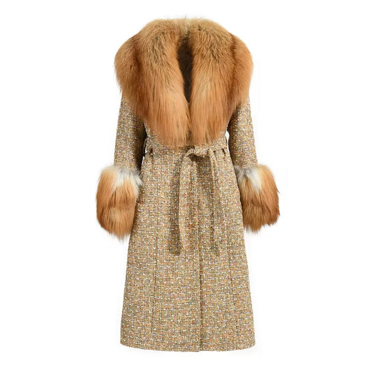 Joanna Gold Multi-color Plaid Wool & Fur Coat