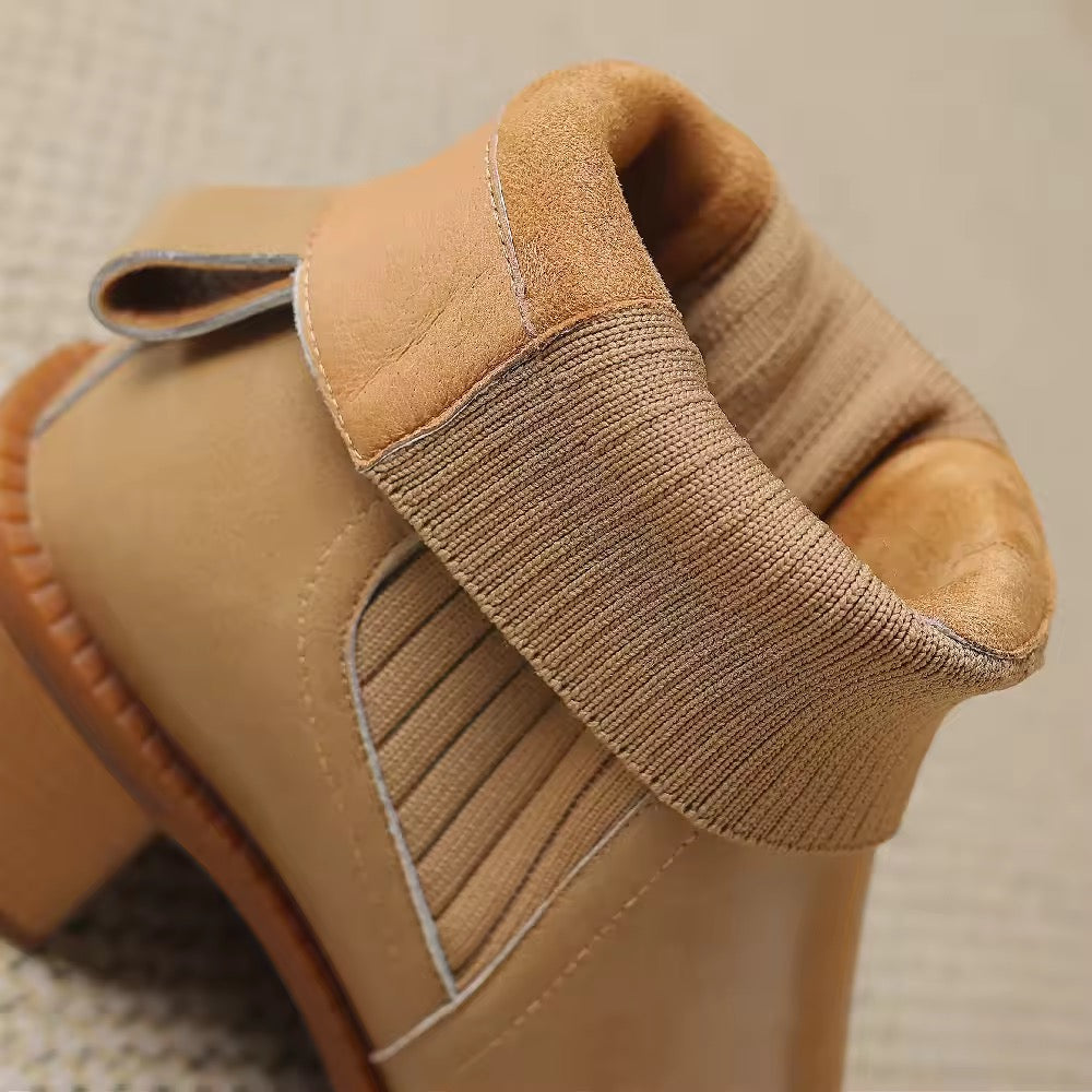 Athaliah Beige Leather Knit Patch Boot