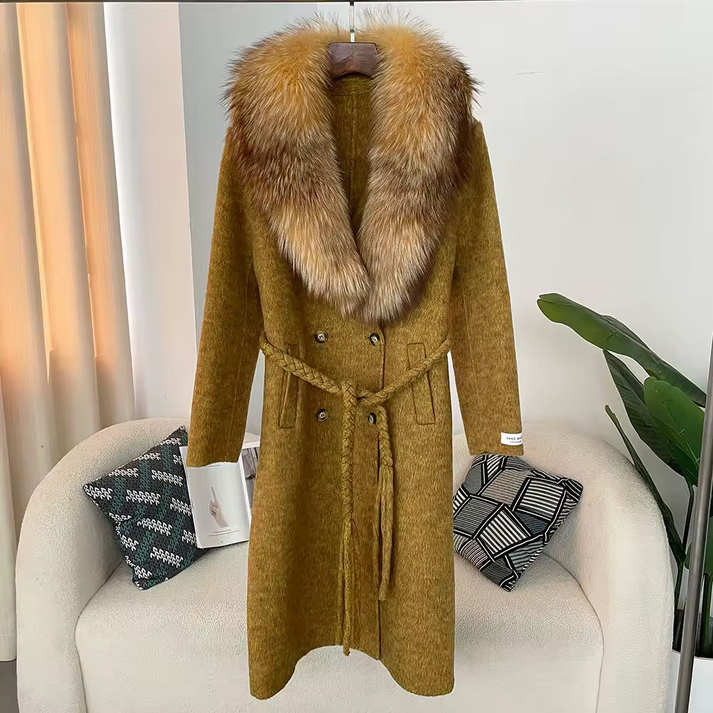 Michal Yellow Lapel Wool Fur Coat