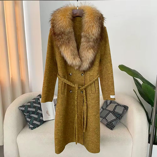 Michal Yellow Lapel Wool Fur Coat